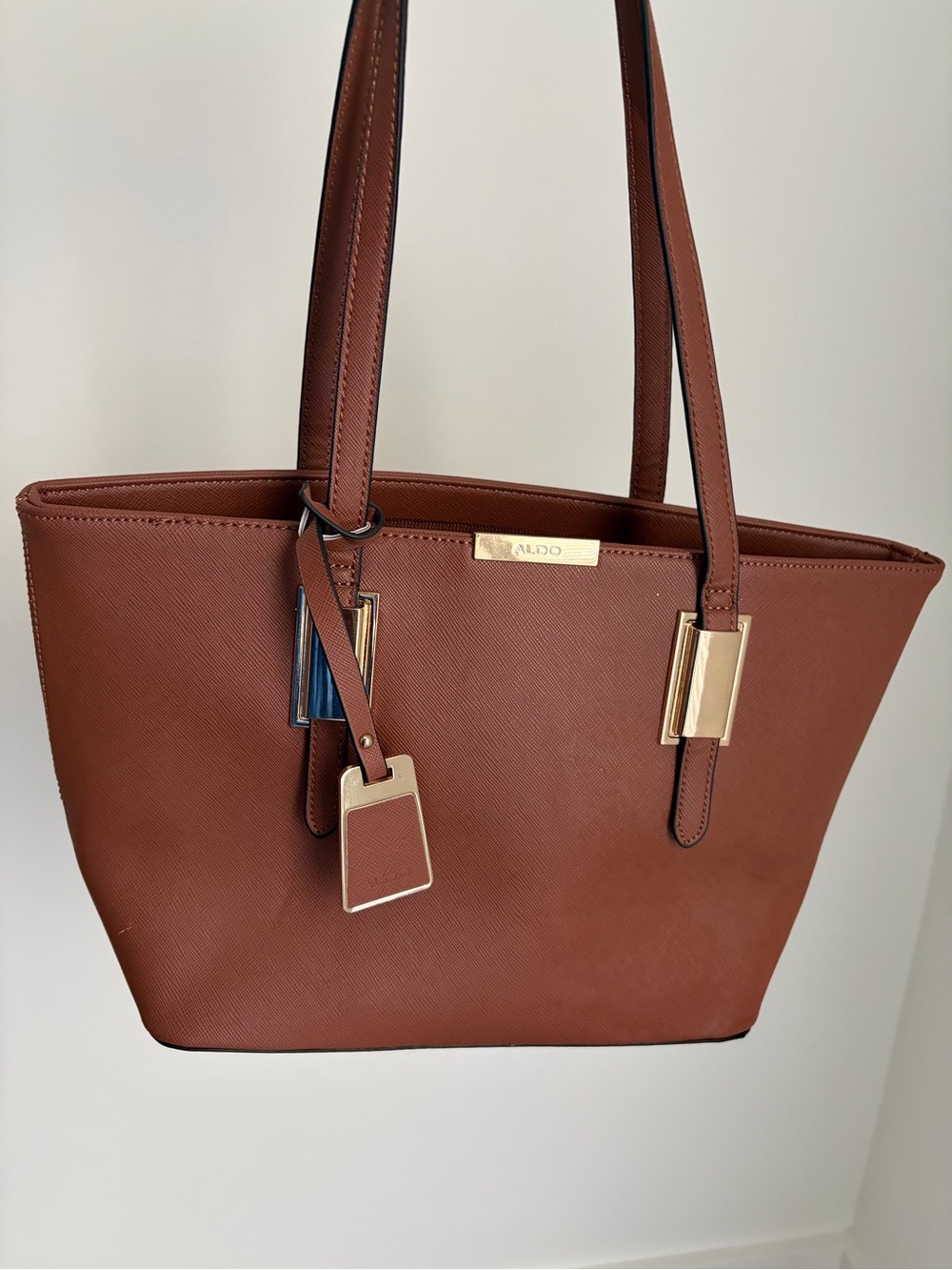 ALDO Cognac Brown Saffiano Tote with Gold Hardware